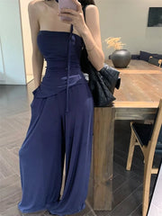Aiertu  -  Sweet Hot Girl Pure Sexy Suit Women's Summer Irregular Slit Strapless Vest Wide Leg Pants Two-piece Set Fashion Female Clothes Aiertu