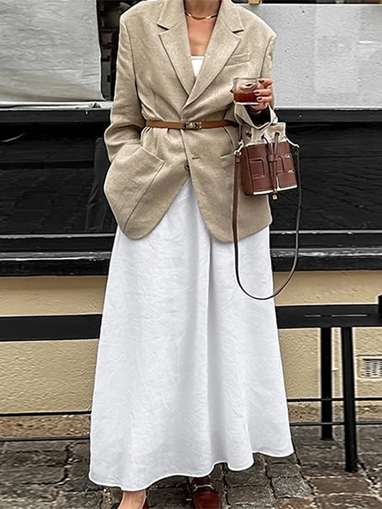 Aiertu  -  Solid Cotton Linen Elastic High Waist Maxi Skirt Elegant Ankle-length Pleated A-line Skirts Fashion Mid-calf Length Skirts Aiertu