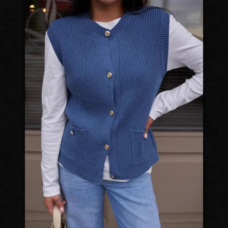 Aiertu  -  Trendix Vintage Knit Cardigan Vest Women Winter Fashion Sleeveless Button Pocket Tank Top Femme Solid Casual Knitwear Streetwear Aiertu
