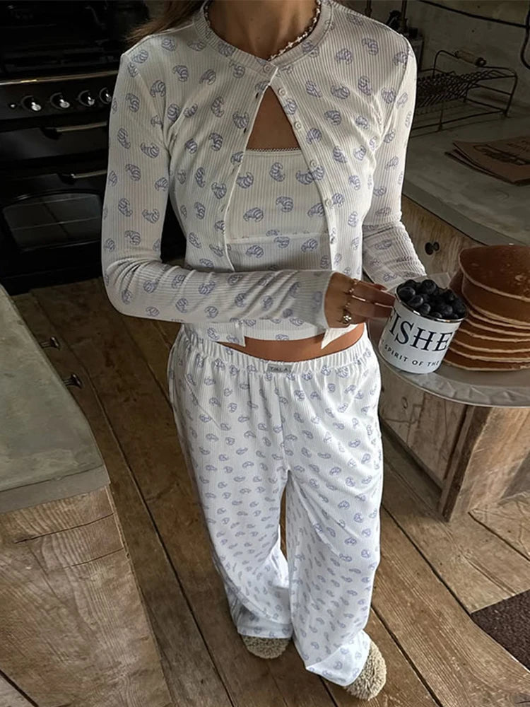 Aiertu  -  Printed Halter Coat Pants Three Piece Set Slim Fit Casual Floral Women Short Cardigan Jacket Top Camisole High Waisted Trousers Aiertu