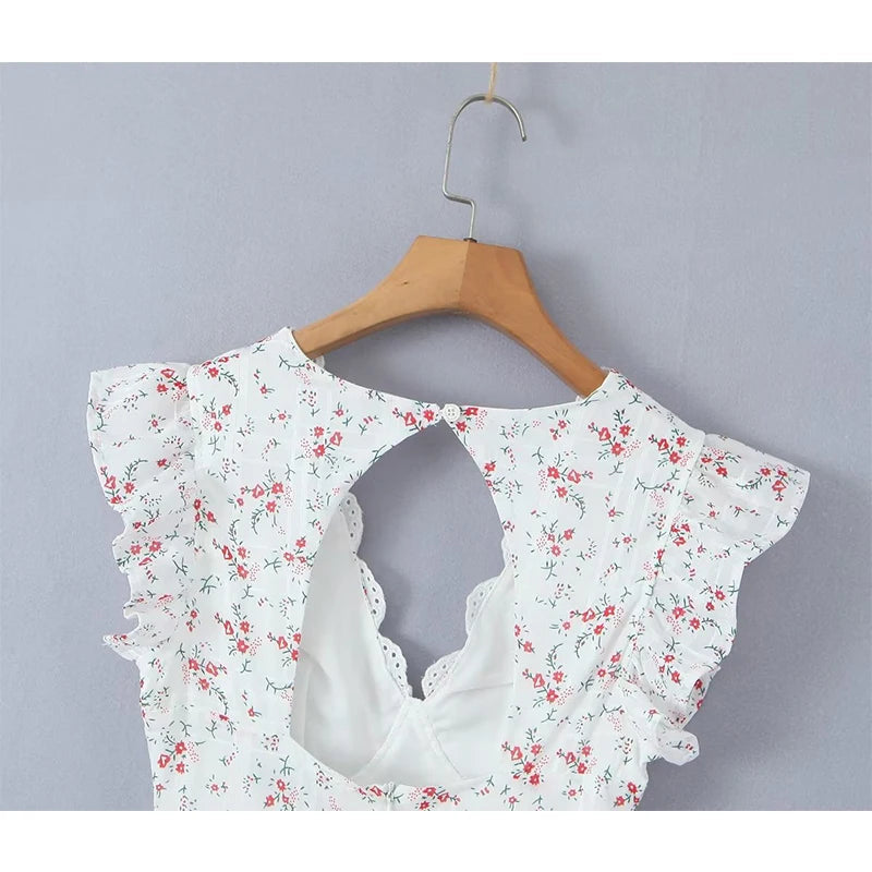 Aiertu  -  Summer Women Lace Embroidery Spliced Flying Sleeve V Neck Floral Print Mini Dresses Aiertu