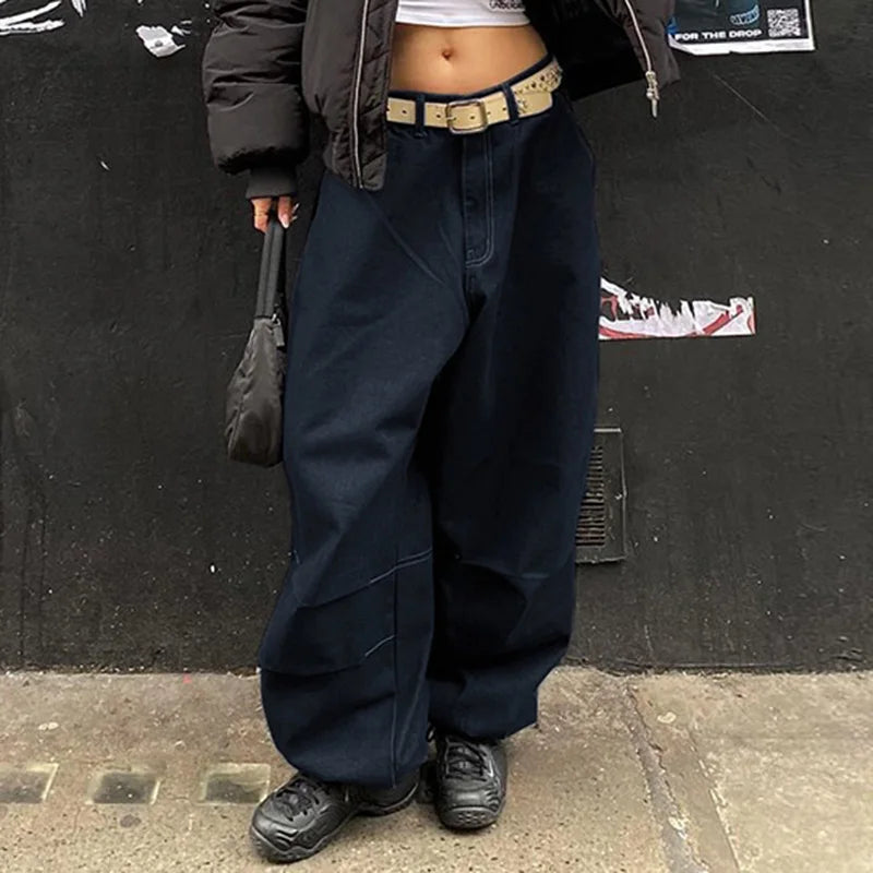 Aiertu  -  Harajuku Street Fashion Women Baggy Jeans Fold Detail Y2K Oversized Denim Pants Hip Hop Loose Sweatpants  Dark Blue Aiertu
