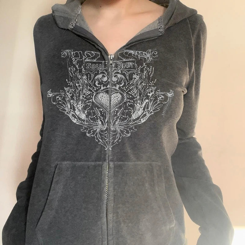 Aiertu  -  casual winter outfits Y2K Graphic Print Zipper Jacket with Hooded Vintage Aesthetic Gray 2000s Women Coat Knitted Outwear Autumn Outfits Aiertu