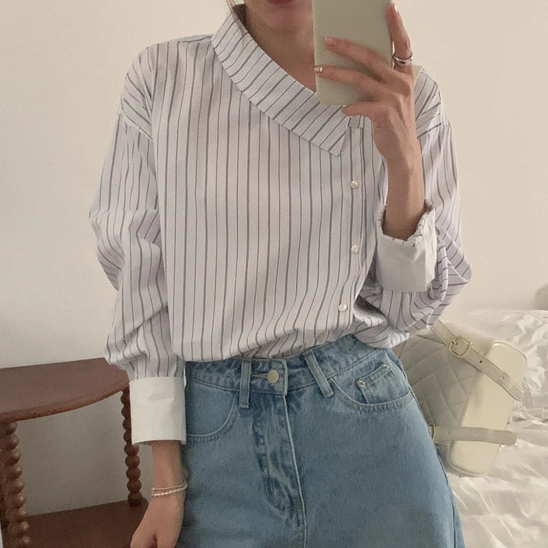Aiertu  -  Blusas De Mujer Retro Irregular Neck Contrasting Striped Shirts Blouse Spring New Tops Roupas Femininas Chic Loose Shirt Aiertu
