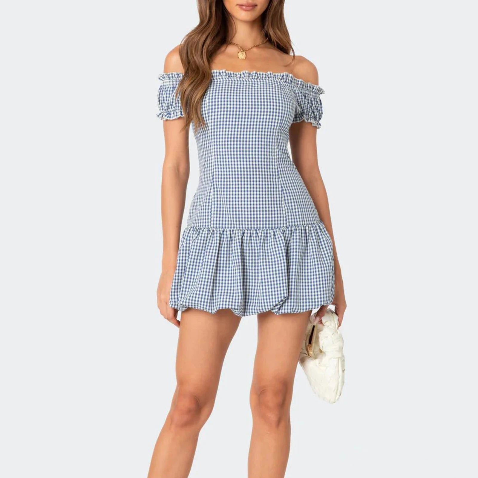 Aiertu  -  Womens Off Shoulder Mini Party Dress Trendy Plaid Puffball Short Sleeve Tube Top Dress Summer Fairy Short Dress Aiertu