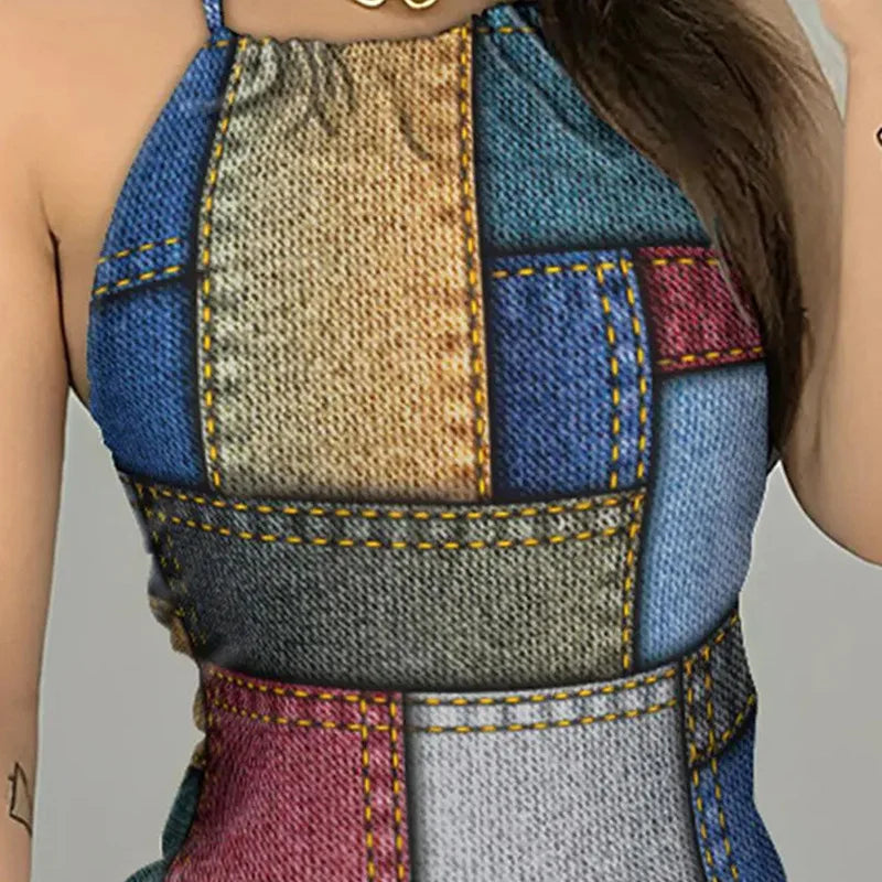 Aiertu Women's Dresses Summer Fashion Denim Look Print Casual Halter Backless Sleeveless Daily Mini Tied Detail Vacation Dress Aiertu