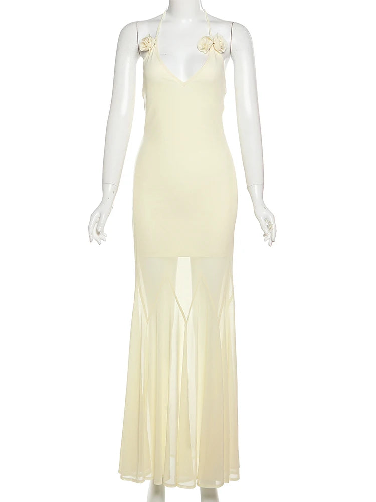 Aiertu  -  Elegant 3d Flower Maxi Dress Women Patchwork Low-Neck Halter Bandage Backless Sleeveless Vacation Summer Trend Vestidos Aiertu