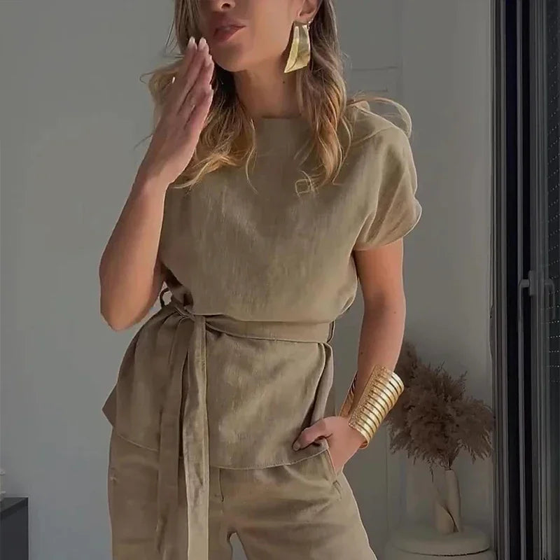 Aiertu  -  Linen Lace-up Belt Top Pants Set Women Irregular Sleeveless O-neck Tops Zipped Pocket Trousers 2026 Summer Lady Elegant Outfits Aiertu