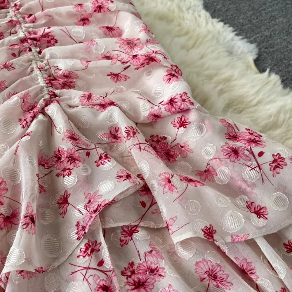 Aiertu  -  Sweet V Neck Butterfly Sleeve Print Vestidos Ruffles Lace Up Vintage French Style Dress Mermaid Drawstring Irregular Robe Aiertu