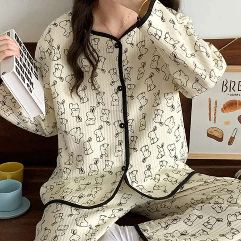 Aiertu  -  Autumn And Winter Air Sandwich Cotton Pajamas Women Cardigan Long Sleeve Trousers New Cartoon Sketch Rabbit Cute Homewear Sets Aiertu