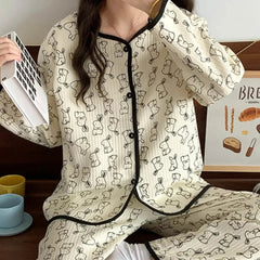 Aiertu  -  Autumn And Winter Air Sandwich Cotton Pajamas Women Cardigan Long Sleeve Trousers New Cartoon Sketch Rabbit Cute Homewear Sets Aiertu