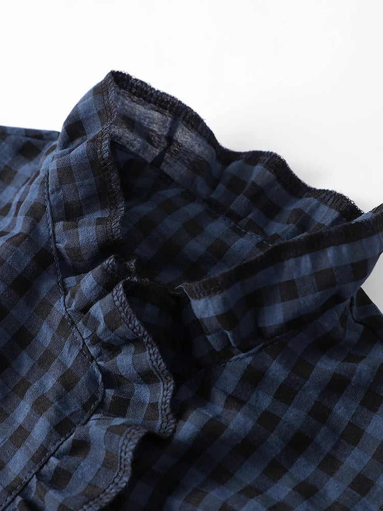Aiertu  -  Elegant Plaid Ruffled Women Jumpsuit Long Sleeve Half High Collar Single-breasted Shirt Female Romper 2026 Pocket Straight Pants Aiertu