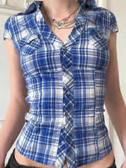 Aiertu  -  Vintage Plaid Button-Up Collared Short Sleeve Shirt Aiertu