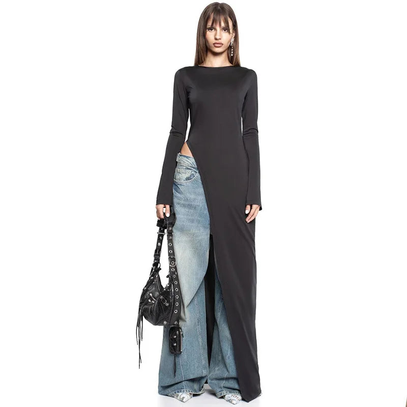 Aiertu  -   Asymmetrical Long Sleeve Black Dress Fashion Outfits Round Neck Chic Top Club Party High Rise Split Dresses Fall Aiertu