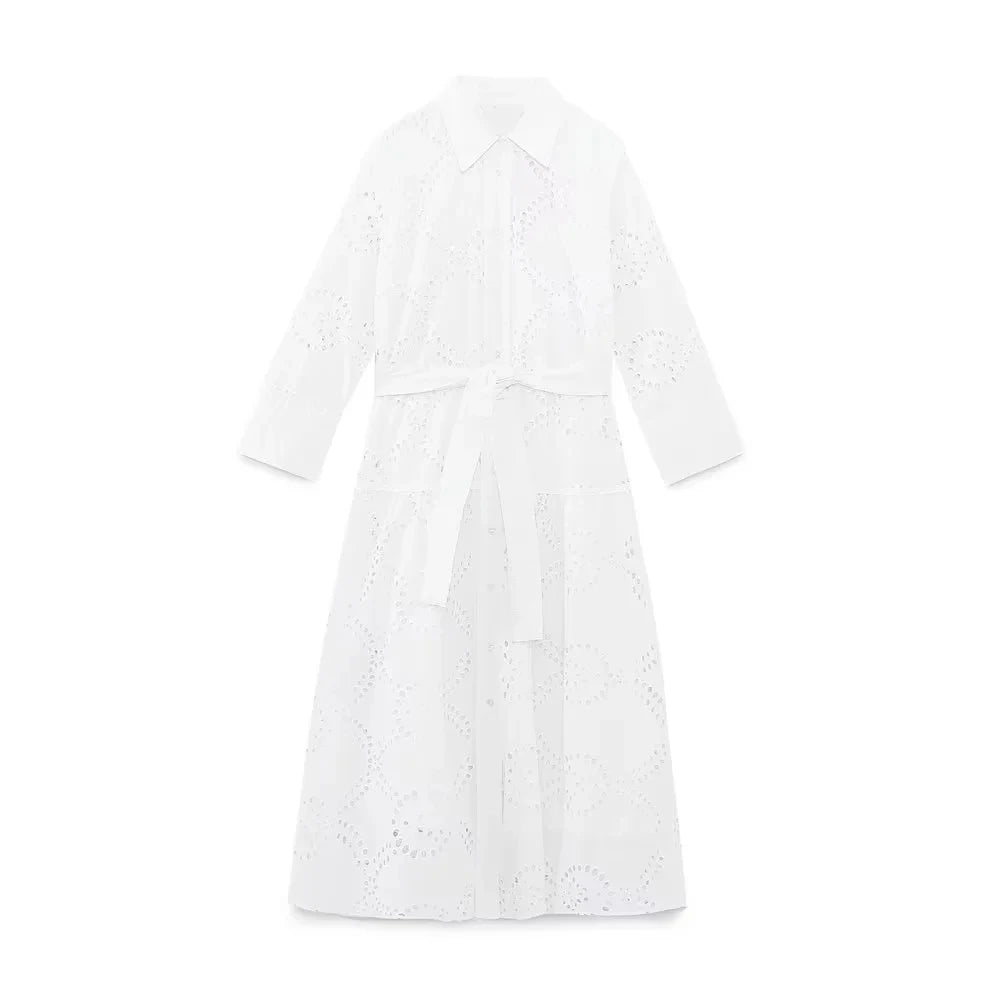Aiertu  -  White Lace Autumn Cotton Dress Women Button Loose Winter Casual Dress Vestidos Robe Long Sleeve Maxi New Boho Dress Aiertu