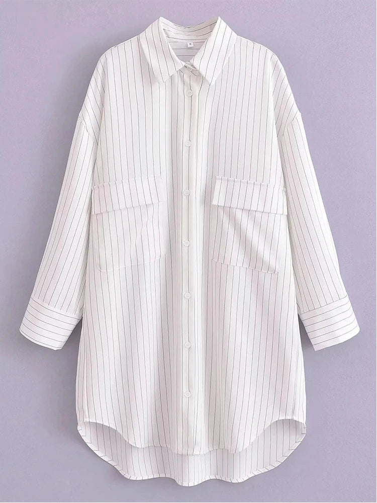 Aiertu  -  White Stripe Shirt Dress Women Autumn Spring Slit Casual Oversize Single Breasted Turn Down Collar Short Summer Dress Aiertu