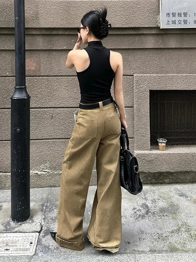 Aiertu  -  American Fashion Simple Khaki Casual Pants Women Y2K High Street Retro Loose Harajuku Street High Waist Straight Trousers Aiertu