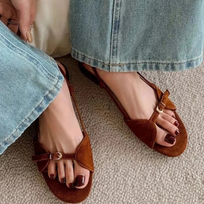 Aiertu  -  Women's Fashion Sandals New Summer Round Head Soft Frosted Open Toe Hollow Belt Buckle Flats Aiertu