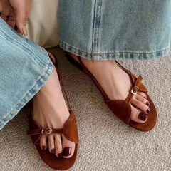 Aiertu  -  Women's Fashion Sandals New Summer Round Head Soft Frosted Open Toe Hollow Belt Buckle Flats Aiertu