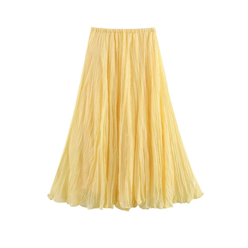 Aiertu  -  Yellow Pleated Long Skirts For Women Casual High Waist A-line Female Vestidos Spring Summer Loose Ladies Streetwear 2025 New Aiertu