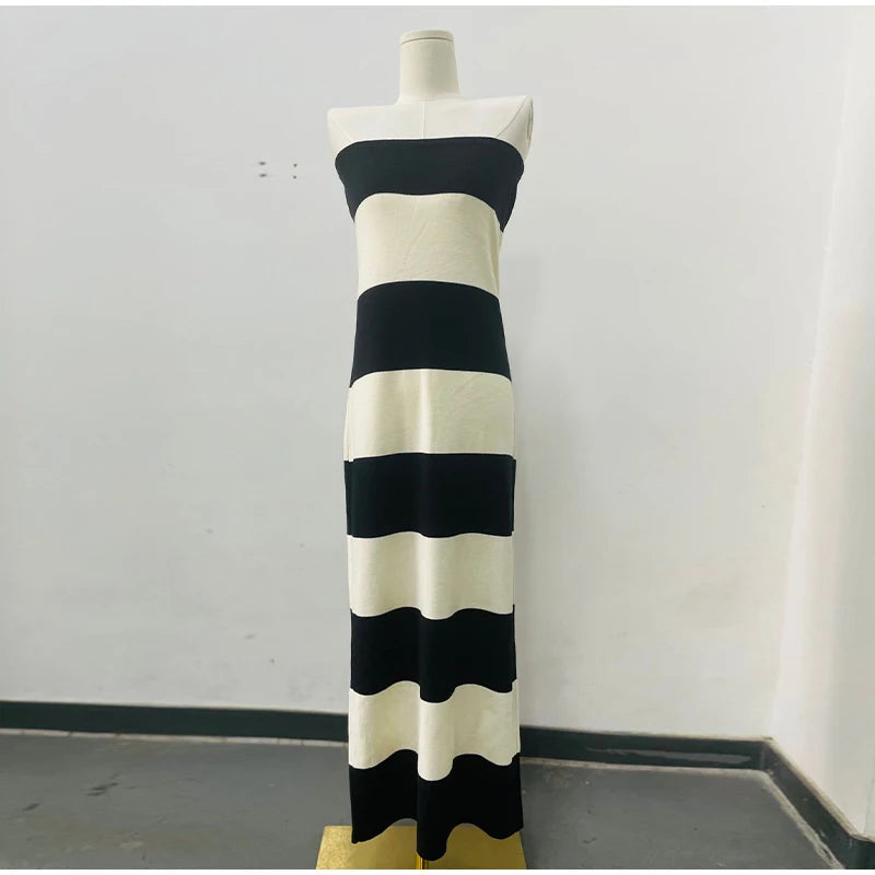 Aiertu  -  Knitted Striped Tube Tops Long Dress Long Jacket Women Set Backless Robe Long Sleeved Single Breasted Jacket Spring Summer Suit Aiertu