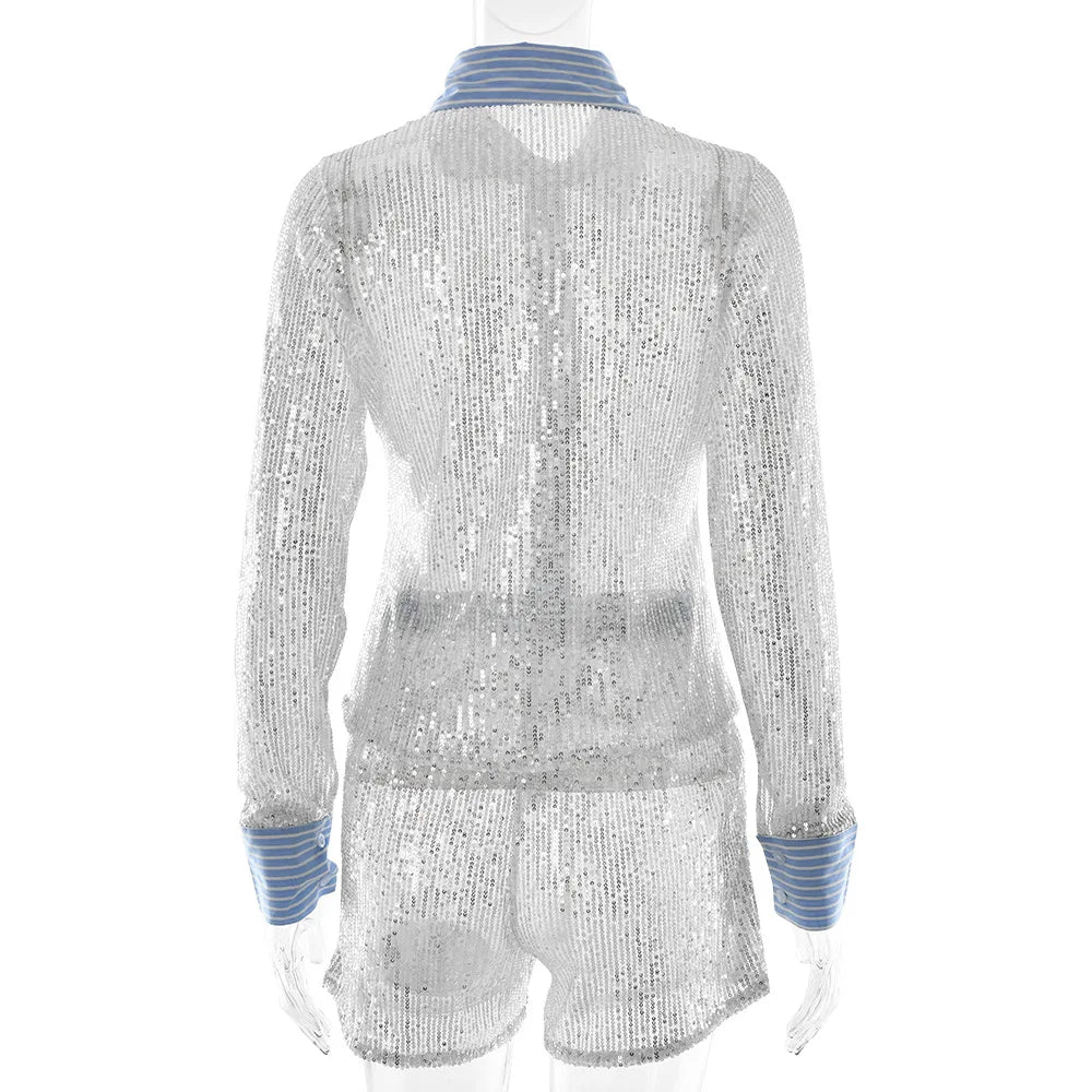 Aiertu  -  Casual Sexy Sequins Shorts Two Pieces Set Woman Outfit Chic Long Sleeve Shirts+Shorts Suit Night Club Short Pants Streetwear Aiertu