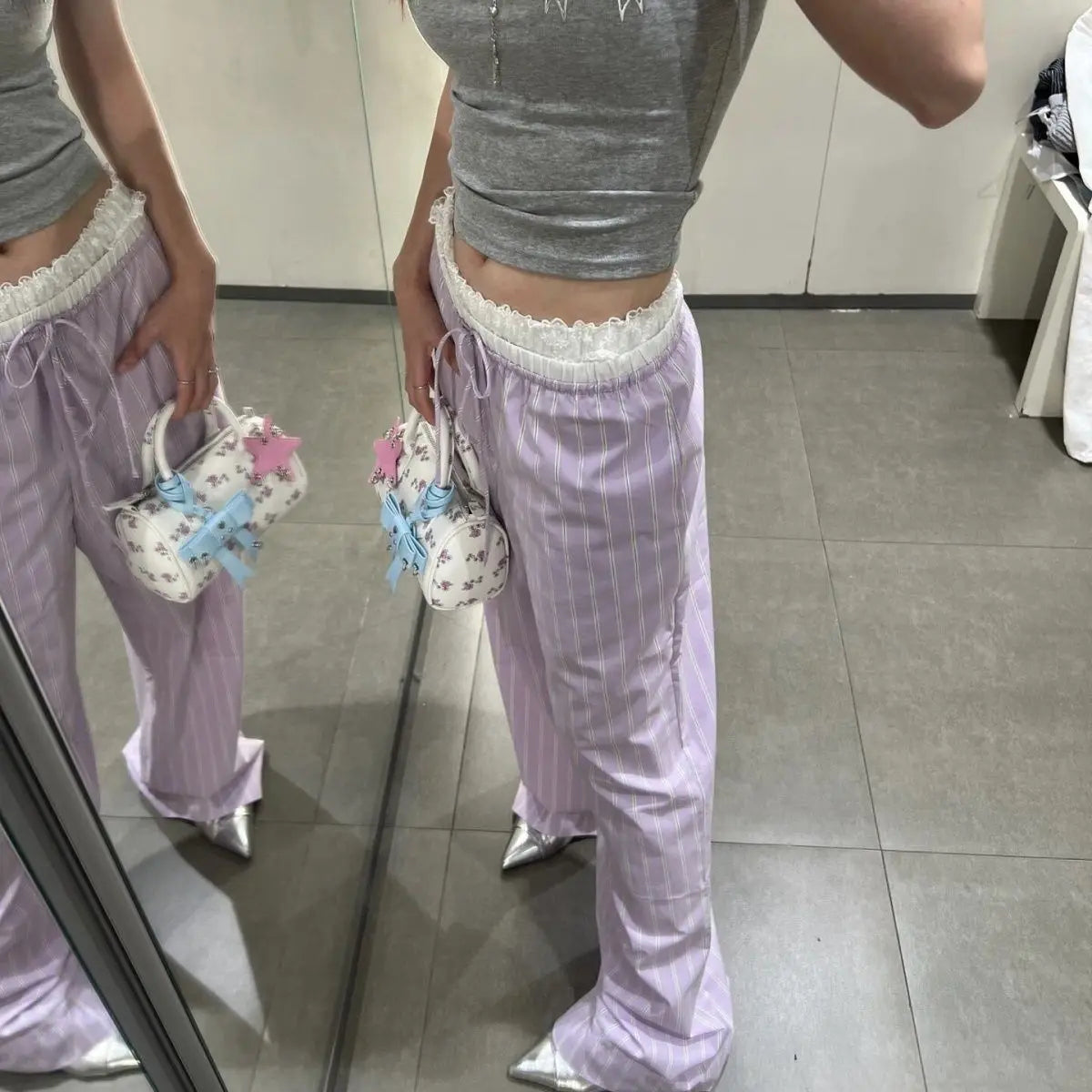 Aiertu  -  Sexy Stripe Pleated Top Pants Sets Women Sleeveless all-match casual Lace Up Wide Leg Pant 2025 Summer Casual Lady Aiertu