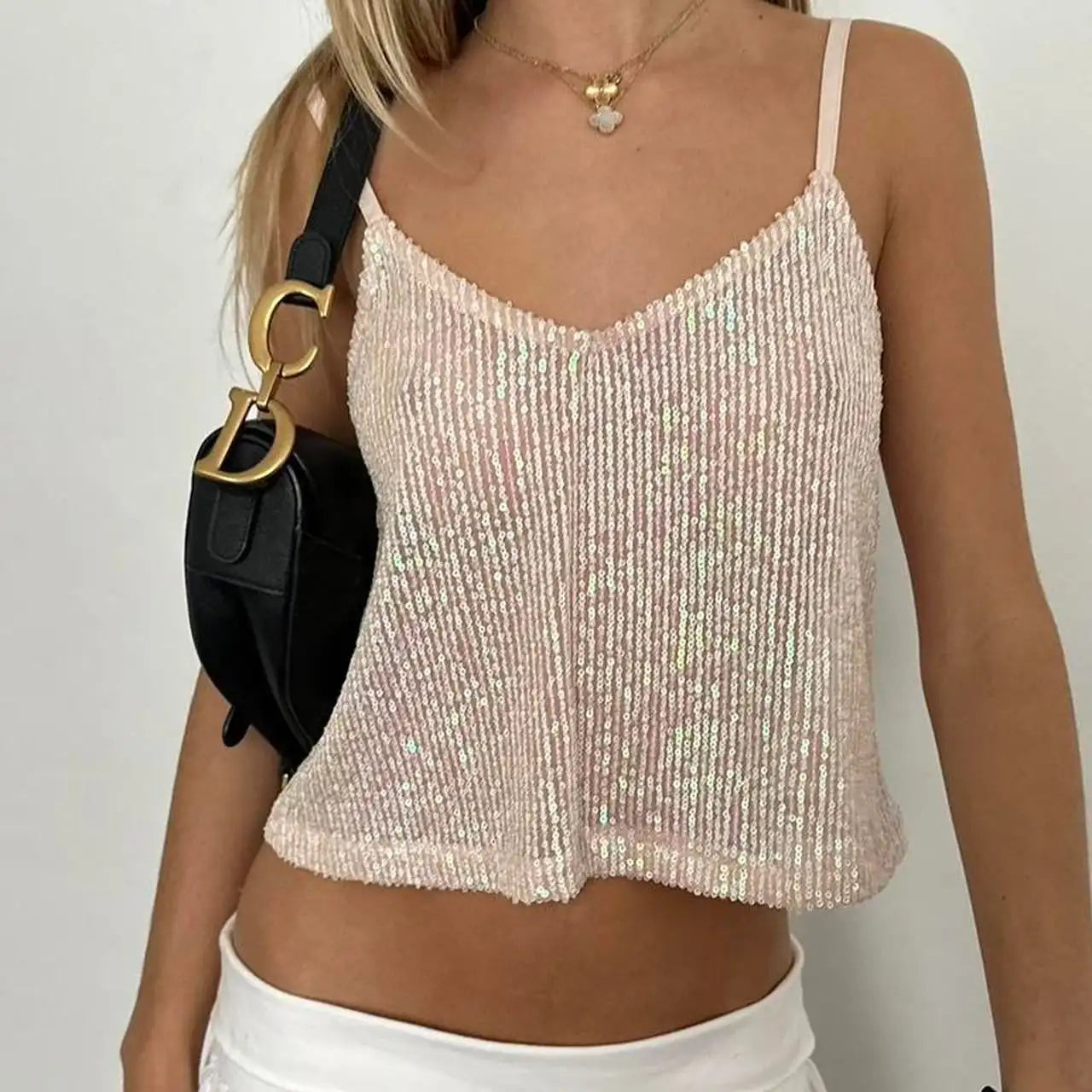 Aiertu  -  Women Sequin Cami Tops Sparkly V Neck Spaghetti Strap Backless Shirts Trendy Summer Clothes for Party Clubwear Aiertu