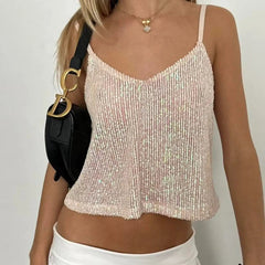 Aiertu  -  Women Sequin Cami Tops Sparkly V Neck Spaghetti Strap Backless Shirts Trendy Summer Clothes for Party Clubwear Aiertu