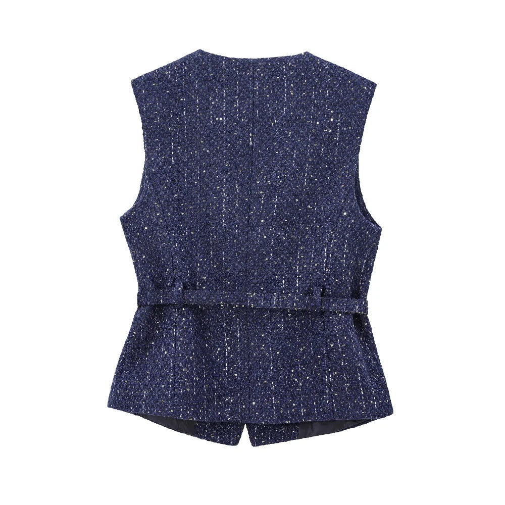 Aiertu  -  Women Blue Tweed Waistcoat With Belt Sleeveless Female Outerwear PS0138 Aiertu