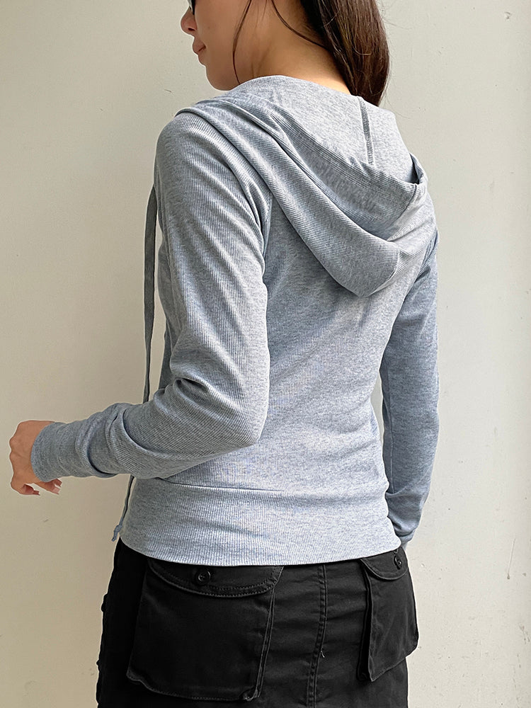 Aiertu - summer inspo Hot Gray Slim Zip Up Jackets Hoodies For Women Pockets Long Sleeve Ribbed Solid Simple Basic Casual Preppy Sweatshirts Aiertu