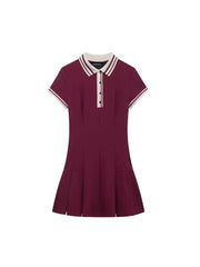 Aiertu  -  Women Fashion Wine Red Dress Turn-down Collar Short Sleeves Slim A-Line Mini Dresses Chic Elegant Woman Pleated Dress Aiertu