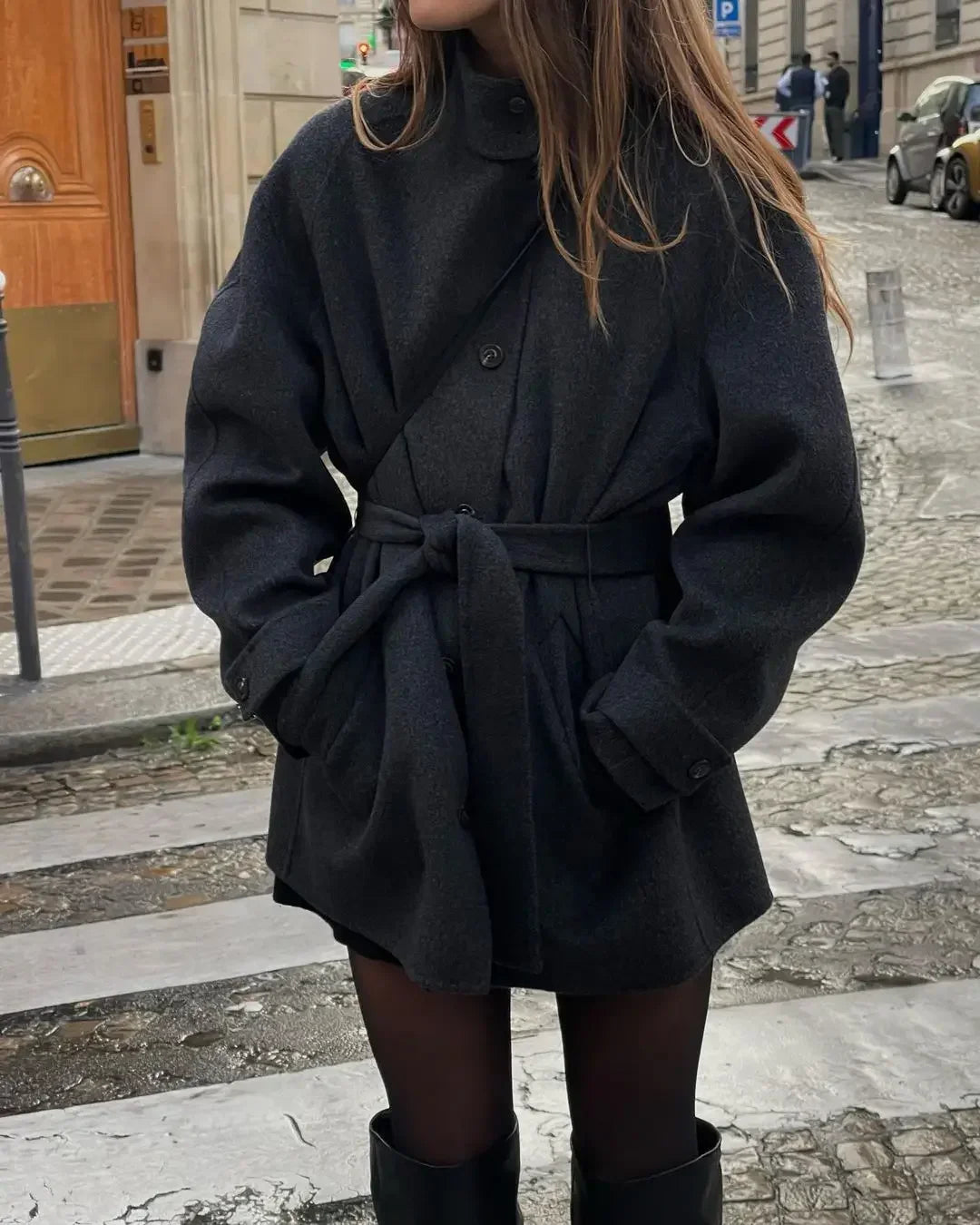 Aiertu  -  Warm Lace-up Woolen Coat With Belt For Women Elegant Single Breasted Gray Pocket Jacket Autumn Winter High Street Outerwear Aiertu