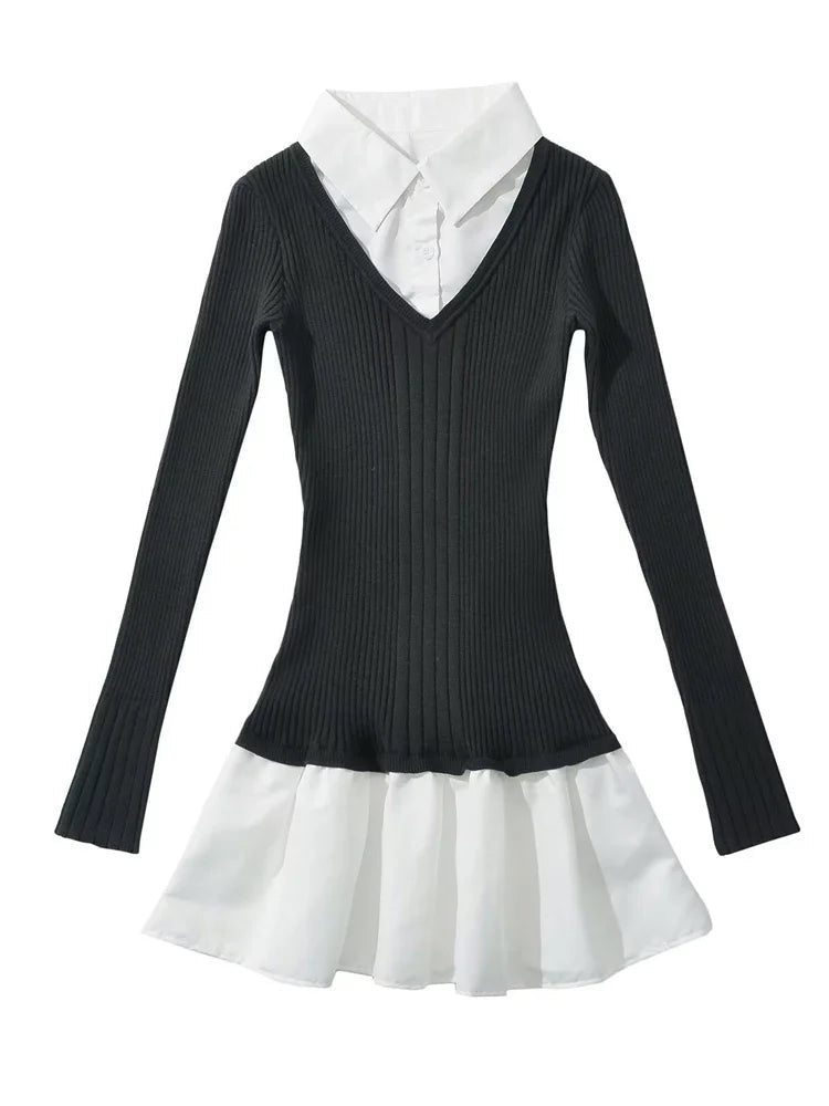 Aiertu  -  Fashion Knit Slim Mini Dress Women Ribbed Lapel 2 Piece-Set Decoration Patchwork Party Dress Knitwear Female Spring Dress Aiertu