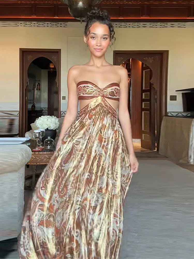 Aiertu  -  Luxury Floral Printed Strapless Maxi Dress For Women Vacation Hollow Out Waist Backless Long Dress Lady Evening Party Vestidos Aiertu