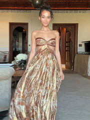 Aiertu  -  Luxury Floral Printed Strapless Maxi Dress For Women Vacation Hollow Out Waist Backless Long Dress Lady Evening Party Vestidos Aiertu
