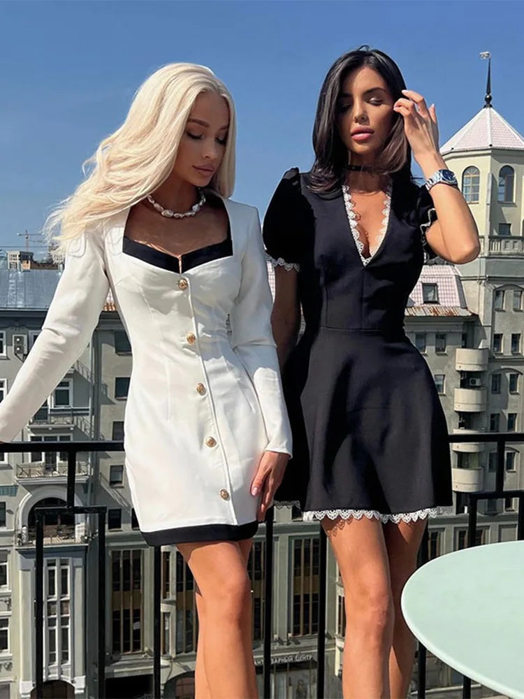 Aiertu  -  Women Black Puff Short Sleeve Lace White Hem Mini Dress Sexy V Neck Wrap Waist A Line Vestido Fashion Ladies Commute Street Robe Aiertu