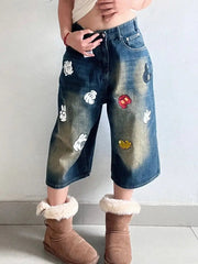 Aiertu  -  Fun Graphic Print Denim Knee Length Pants American Retro Straight Wide-leg Shorts Harajuku Style Fashion Street Loose Shorts Aiertu