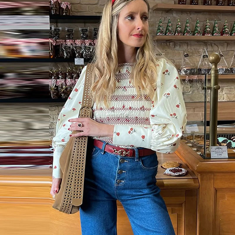 Aiertu  -  Print Pleated Women Shirt Bohemian Long Flare Sleeve Female Shirts 2025 Elegant O Neck Spring  A Line Patchwork Lady Blouse Aiertu