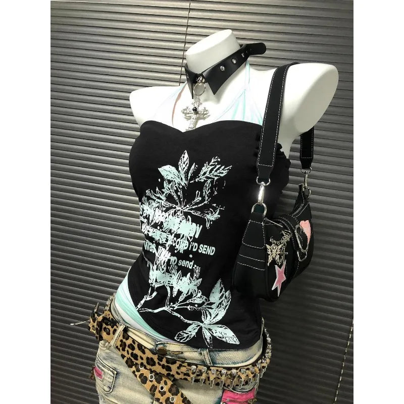 Aiertu  -  Harajuku aesthetic flower letter printing suspender design sleeveless T-shirts women cotton high-quality hip-hop versatile tops Aiertu