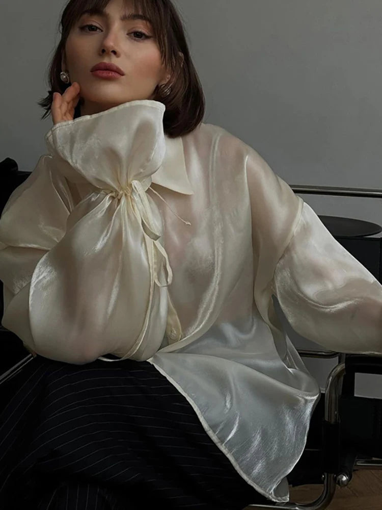 Aiertu  -  layered look inspo Turn-down Collar Button Women Blouses Beige See Through Long Sleeve Blouses Female Winter Loose Casual Streetwear Aiertu