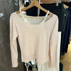 Aiertu  -  Hem Pink Striped Long Sleeve T-shirt Women Spring New Slash Neck Cotton Chic Tee Shirts Sweet Preppy Style Basic Tops Y2k Aiertu