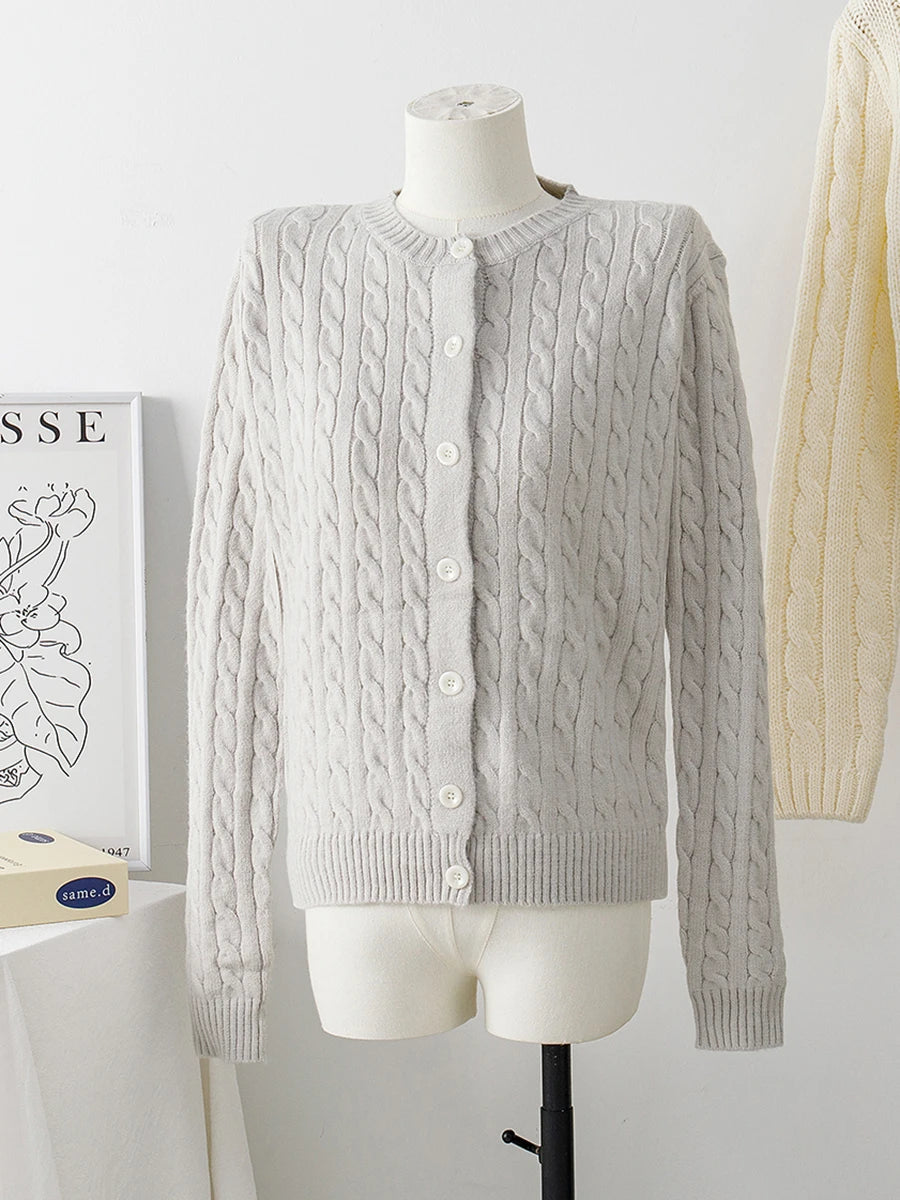 Aiertu  -  Gray Twisted Slim Sweater Cardigan Women O-Neck Single Breasted Long Sleeve Jumper American Vintage Fashion Knit Outerwear New Aiertu