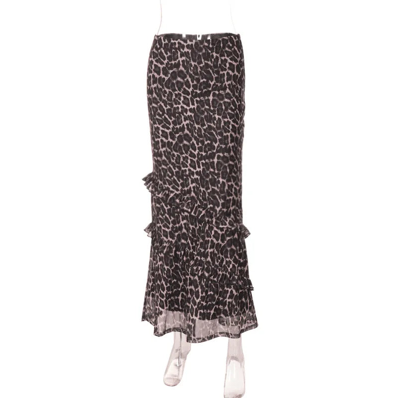 Aiertu  -  Leopard Print Ruffled Long Skirts For Women Elastic High Waisted Patchwork Loose Female Summer Fashion Club Party Skirts Aiertu