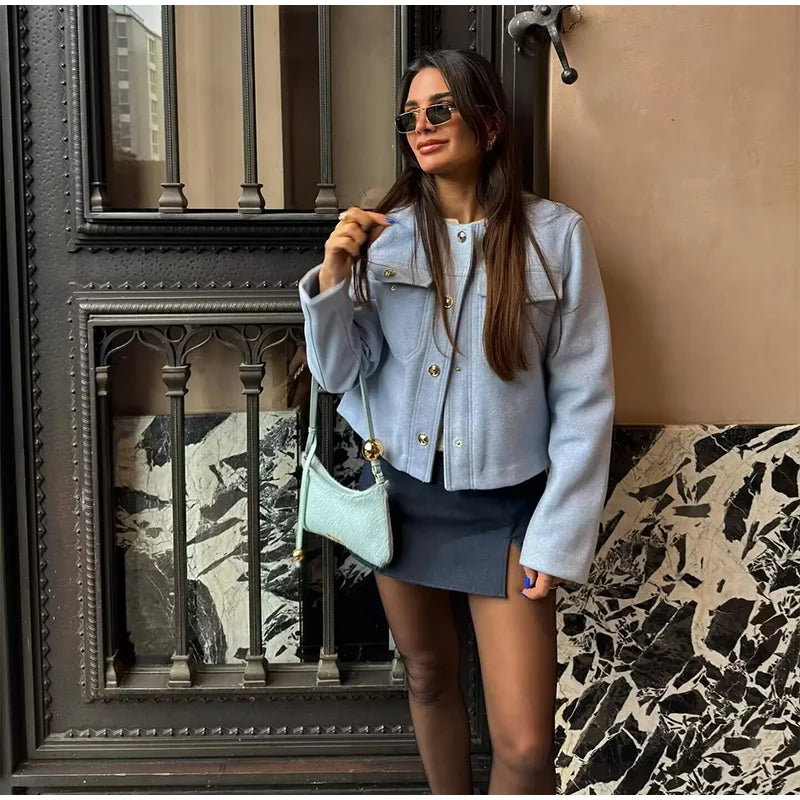 Aiertu  -  Elegant Single-breasted Pocket Coat Women Fashion Tweed Long Sleeve O-neck Female Jacket 2026 Spring Office Lady Commuter Coats Aiertu