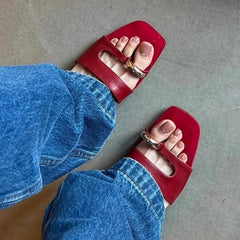 Aiertu  -  Popular Design Women Slippers Casual Non-slip Outside Sandals Low-heels Shoes Metal Buckle Split Toe Beautiful Flats Aiertu
