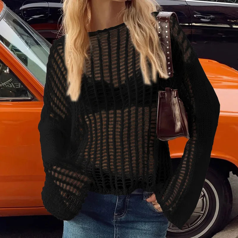 Aiertu  -  Hollow Out Pullover Pullover Women Oversize Kniited Long Sleeve Sweater Femme Beach Sexy Knitwear Cover-up Ladies 2026 Aiertu