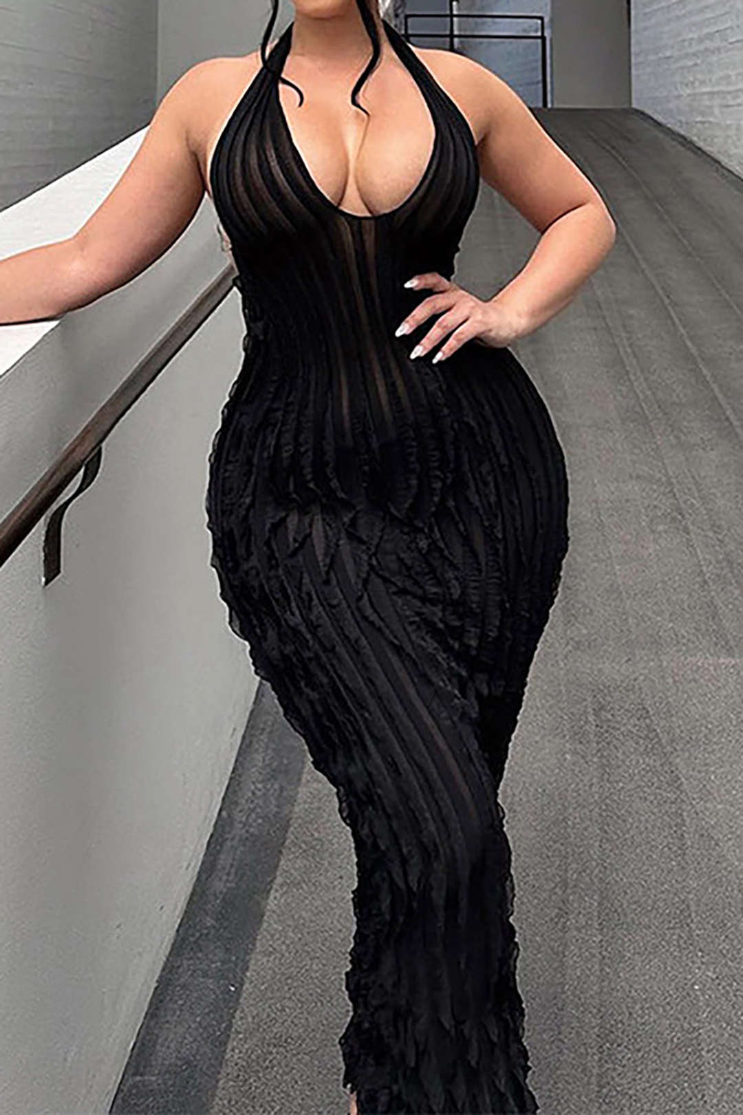 Aiertu  Sheer Ruffle Texture Halter Backless Maxi Dress Aiertu