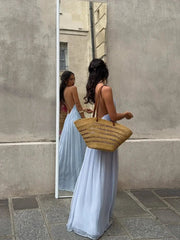 Aiertu  -  Women Feminine Blue Sling Dress Floor-length Loose Backless Deep V Spaghetti Strap Halter Robe Chic Vacation Leisure Street Gown Aiertu