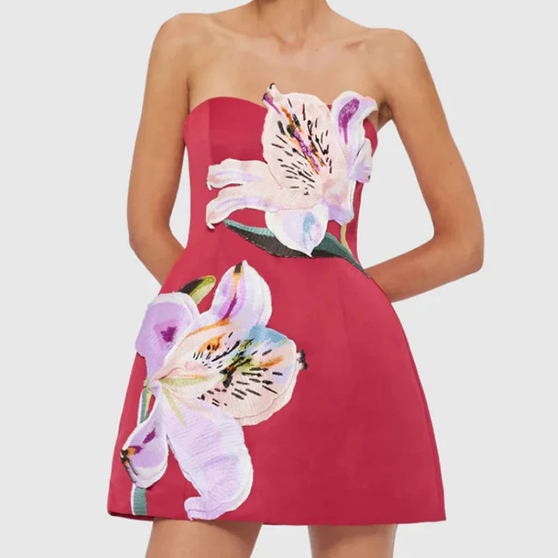 Aiertu  -  Women Elegant Strapless Flower Collage Dress Sexy Sleeveless Waist Slim Short A-Line Dress Fashion Temperament Mini Party Dress Aiertu
